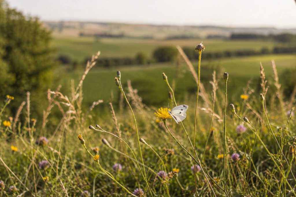 Papillon sur une fleur sauvage au cœur d’un paysage agricole