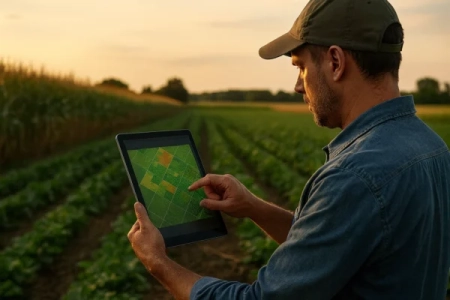 Agriculteur consultant des données cartographiques sur une tablette dans un champ