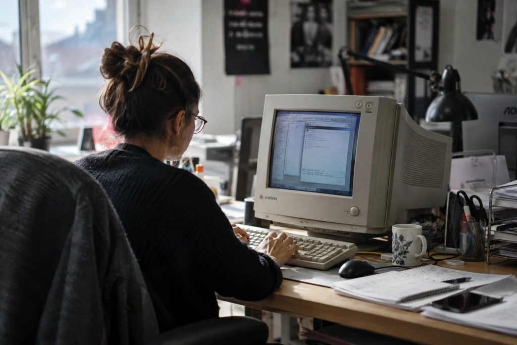 Collaboratrice utilisant un ancien ordinateur dans un environnement de travail contemporain