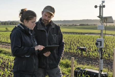 Agriculteur et experte testant un PoC d’agriculture numérique avec tablette et capteurs connectés dans un champ.