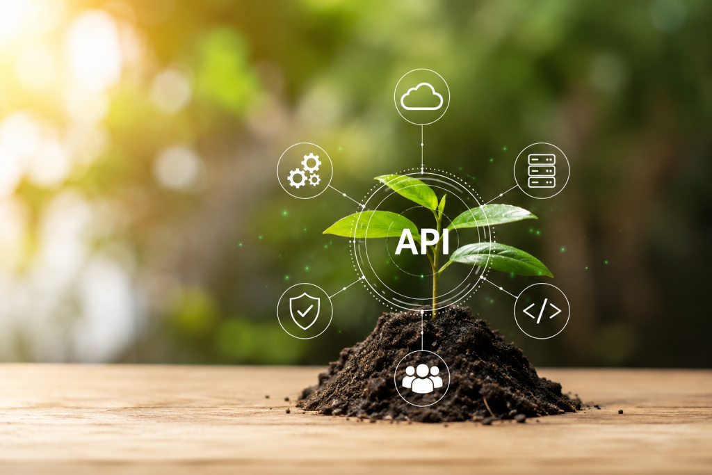 Illustration d’une stratégie API durable reliant technologie, sécurité, cloud et utilisateurs