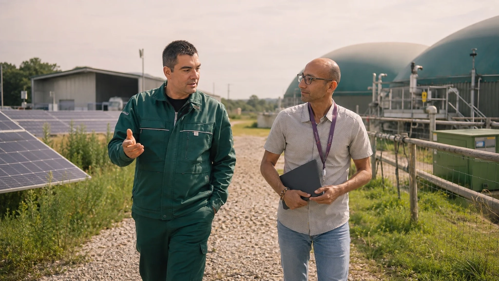 Deux professionnels échangent en marchant sur un site de production d’énergie agricole.