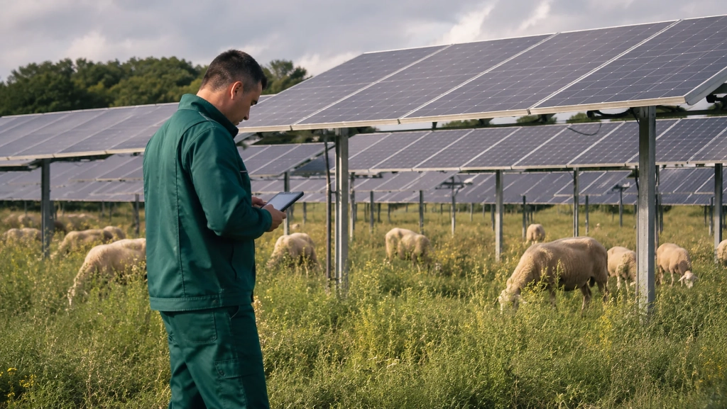 Un technicien consulte une tablette dans une installation agrivoltaïque avec des animaux en pâturage.