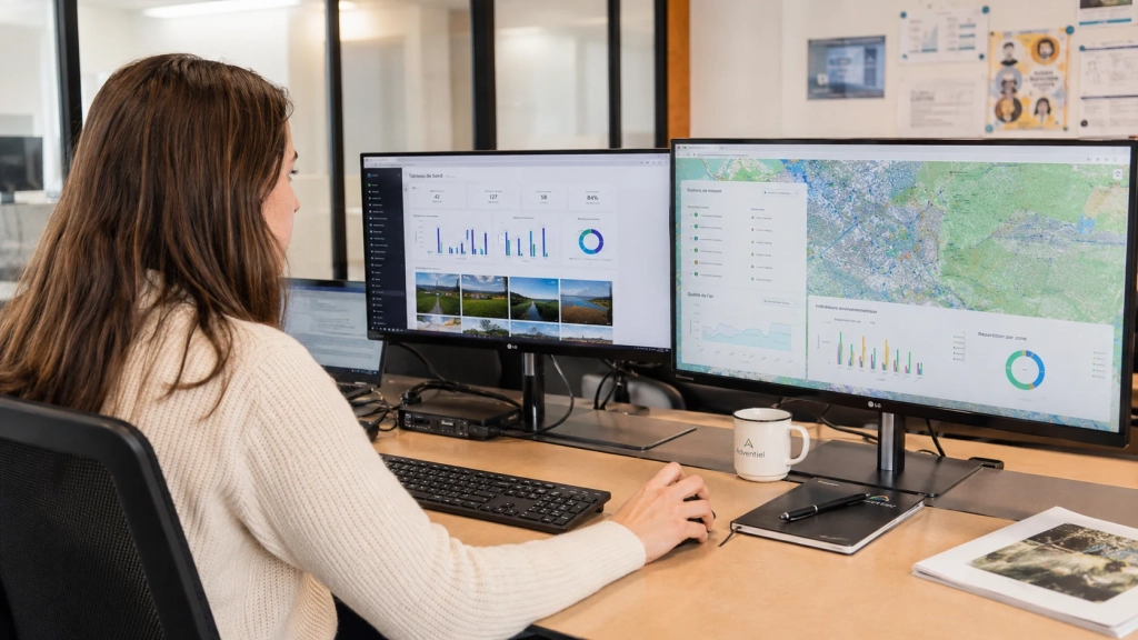 Une professionnelle analyse des données cartographiques et environnementales sur deux écrans.