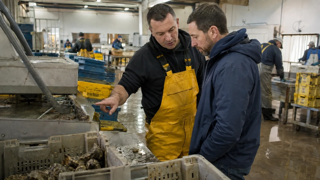 Deux professionnels observent un équipement dans un atelier de coquillages.