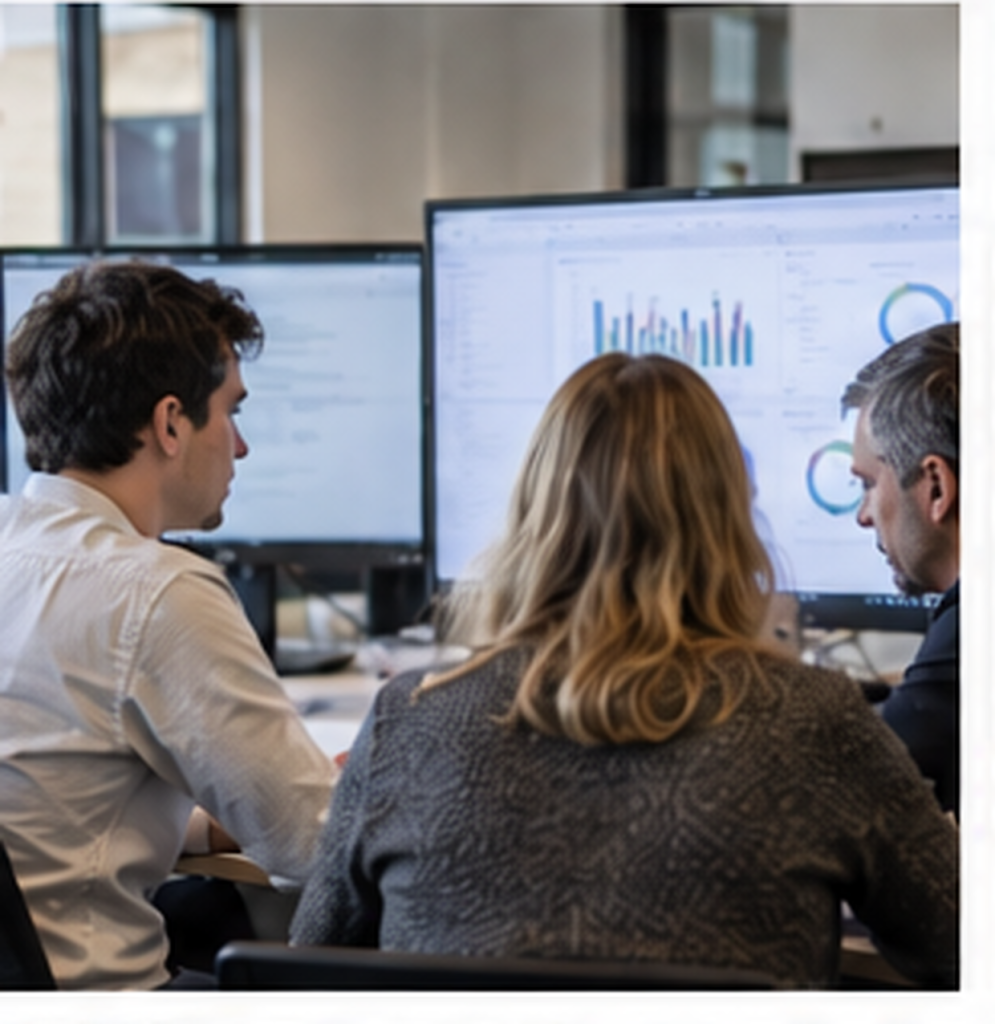 Réunion d’équipe devant un écran affichant des graphiques et indicateurs pour analyser une situation.
