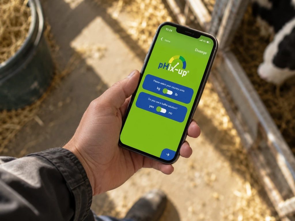 Smartphone affichant l’application pHix-up dans une exploitation bovine