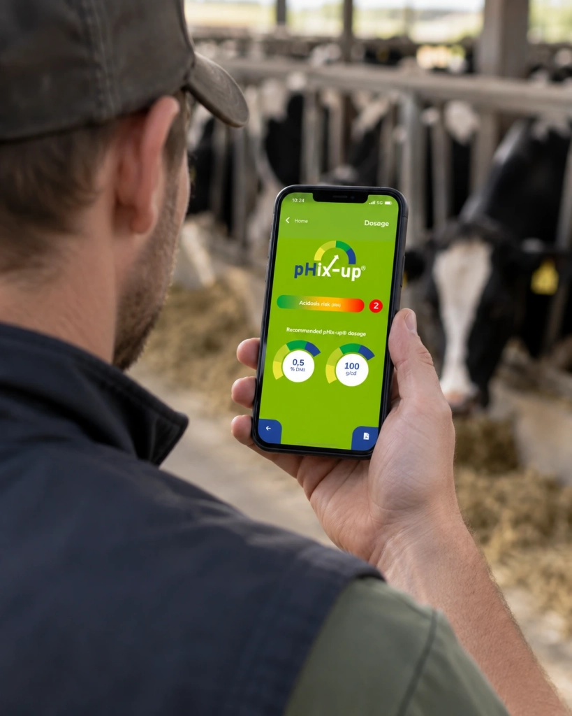 Éleveur consultant le dosage recommandé par l’application pHix-up en élevage bovin