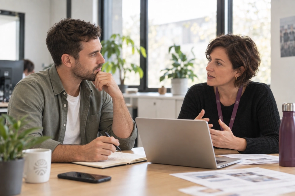 Deux collaborateurs échangent dans un bureau lumineux pour analyser l’évolution d’une architecture de système d’information.