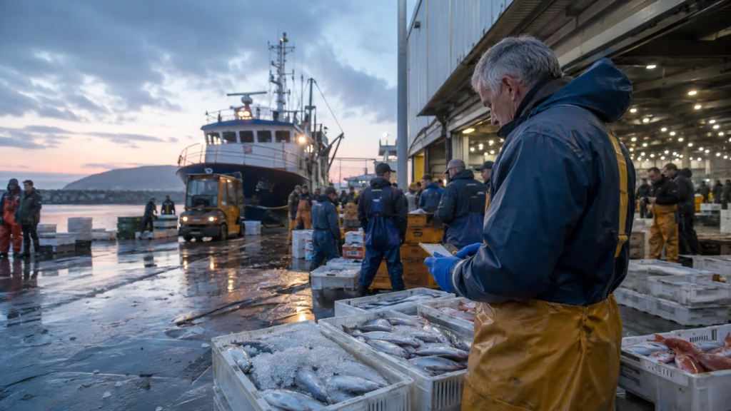 Un professionnel contrôle des caisses de poissons lors d’un arrivage à la criée.
