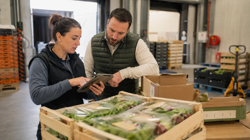 Deux professionnels contrôlent des produits et leurs données dans un entrepôt logistique.