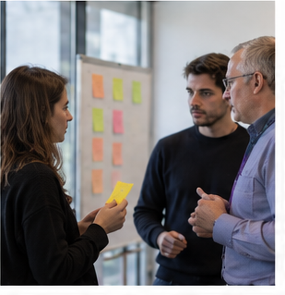 Atelier collaboratif avec post-it, prises de notes et documents de travail sur une table.
