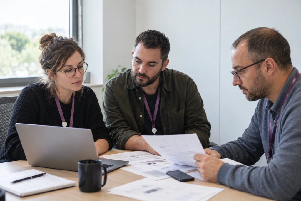 Mini-réunion entre trois collaborateurs relisant des documents et échangeant autour d’un ordinateur portable pour documenter une situation de sécurité informatique.