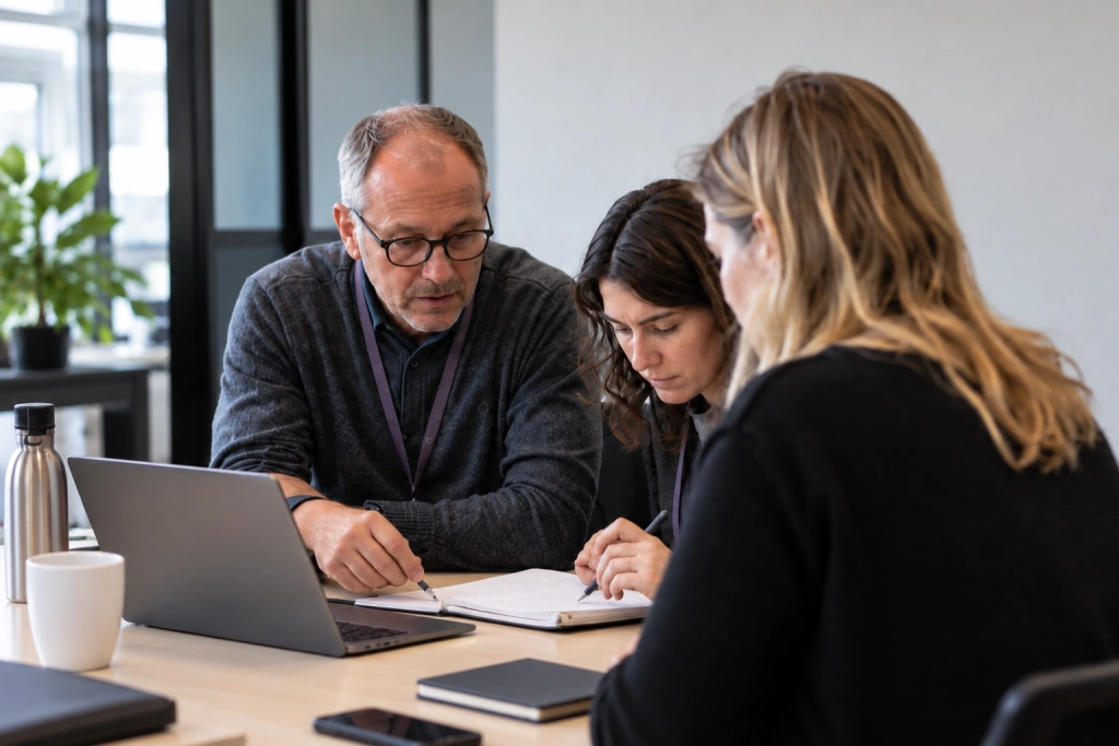 Trois collaborateurs échangent autour d’un ordinateur portable et d’un carnet pour analyser et documenter une situation de sécurité informatique.