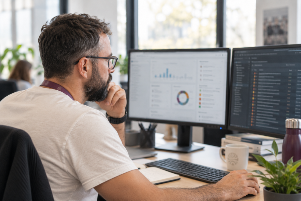 Expert informatique en situation de travail analysant des données sur écran pour évaluer les risques et les priorités de sécurité d’un système d’information.