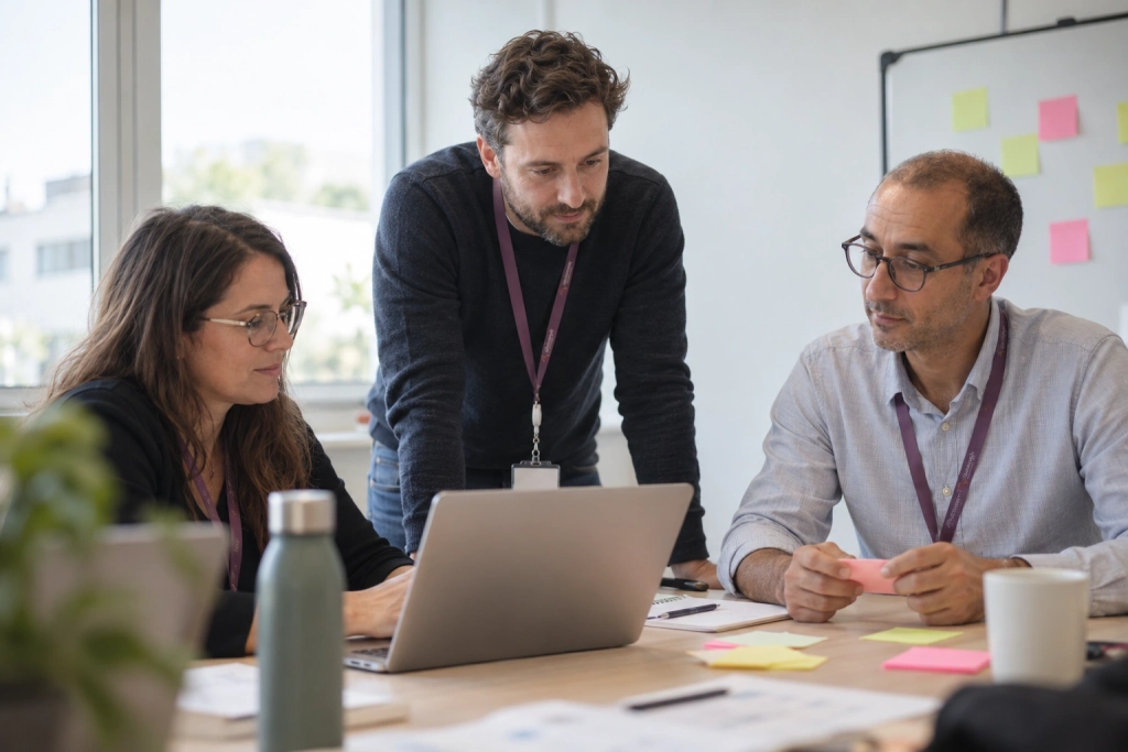 Réunion de travail entre collaborateurs autour d’un ordinateur et de quelques notes pour hiérarchiser les priorités d’un plan d’action en sécurité informatique.