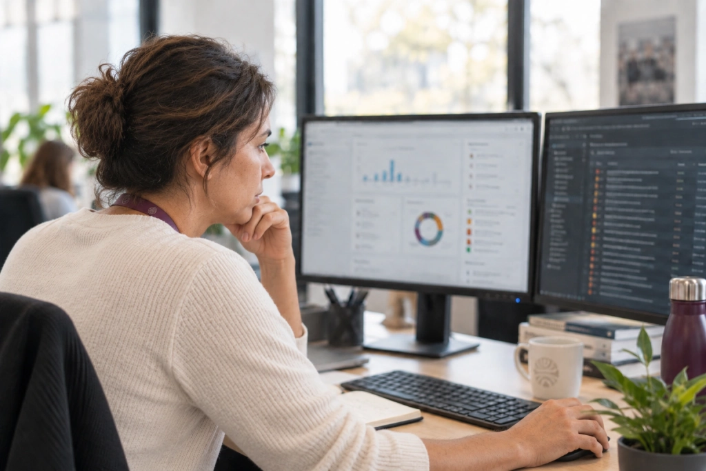 Collaborateur concentré devant deux écrans pour analyser les risques et les priorités de sécurité d’un système d’information.