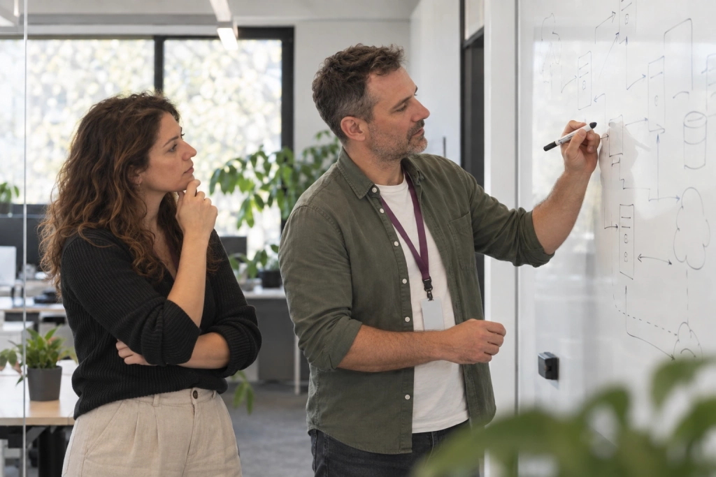 Scène de collaboration en environnement de bureau illustrant un travail d’analyse partagé entre enjeux métier, architecture existante et conditions d’utilisation.