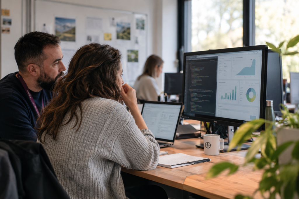 Deux collaborateurs travaillant sur une solution logicielle sur mesure adaptée aux besoins métier