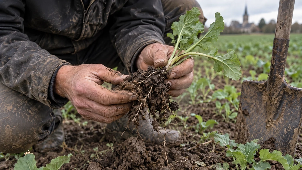 Un professionnel examine les racines et la terre d’un jeune plant dans une parcelle.