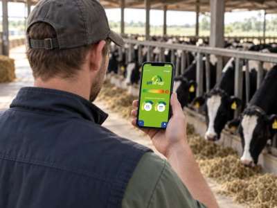 Éleveur consultant l’application pHix-up sur son smartphone devant un troupeau bovin