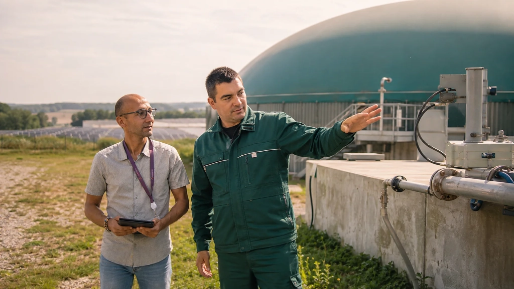 Deux professionnels échangent devant une unité de méthanisation agricole.