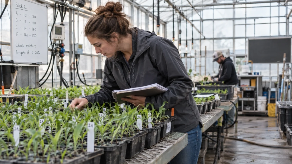 Une technicienne observe des jeunes plants identifiés dans une serre expérimentale.