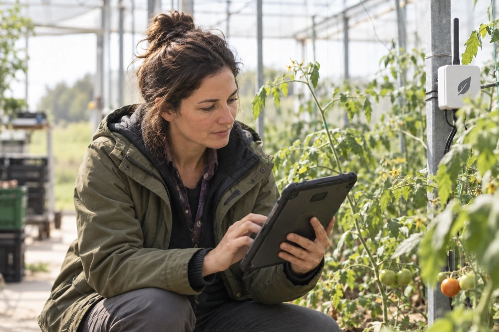 Technicienne en serre utilisant des outils numériques sur le terrain pour expérimenter une solution en conditions réelles.