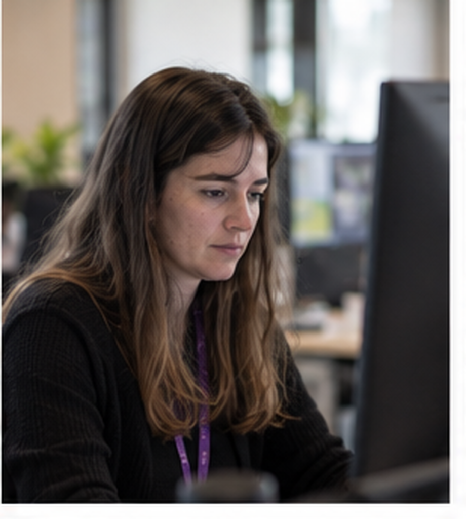Collaboratrice au bureau consultant une interface numérique sur écran dans un environnement de travail naturel.