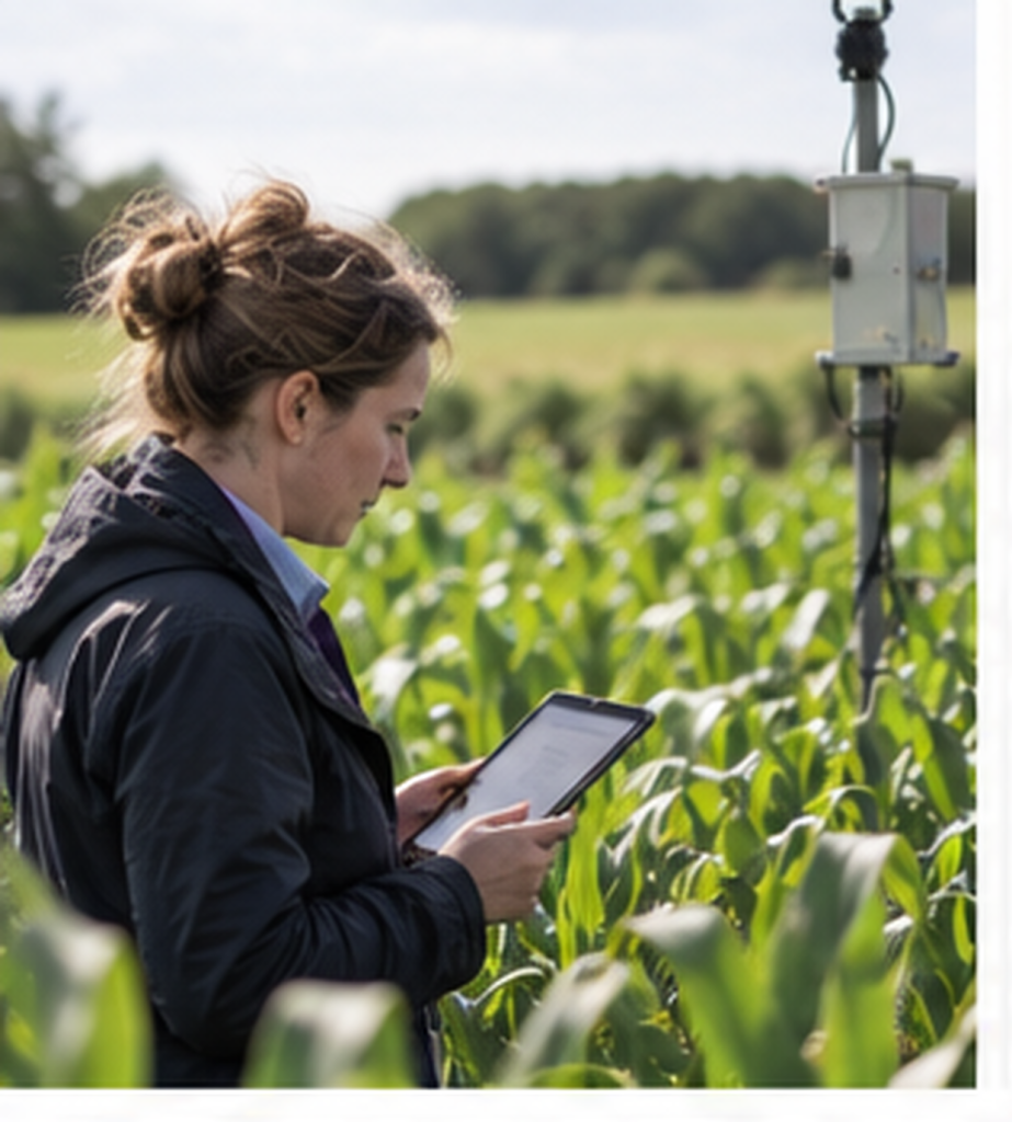 Collaboratrice utilisant une tablette au bord d’une parcelle pour consulter et saisir des données terrain.