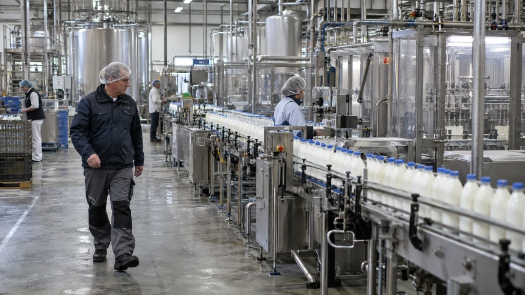 Un responsable de production circule le long d’une ligne d’embouteillage dans une usine agroalimentaire.