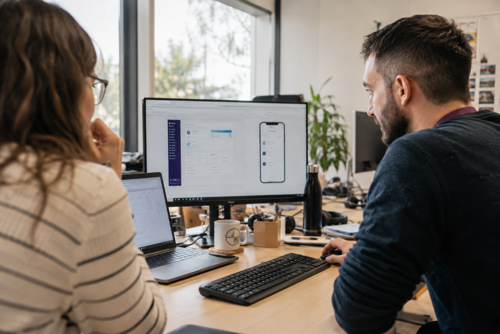 Collaborateurs observant une interface métier web et mobile sur un écran de bureau