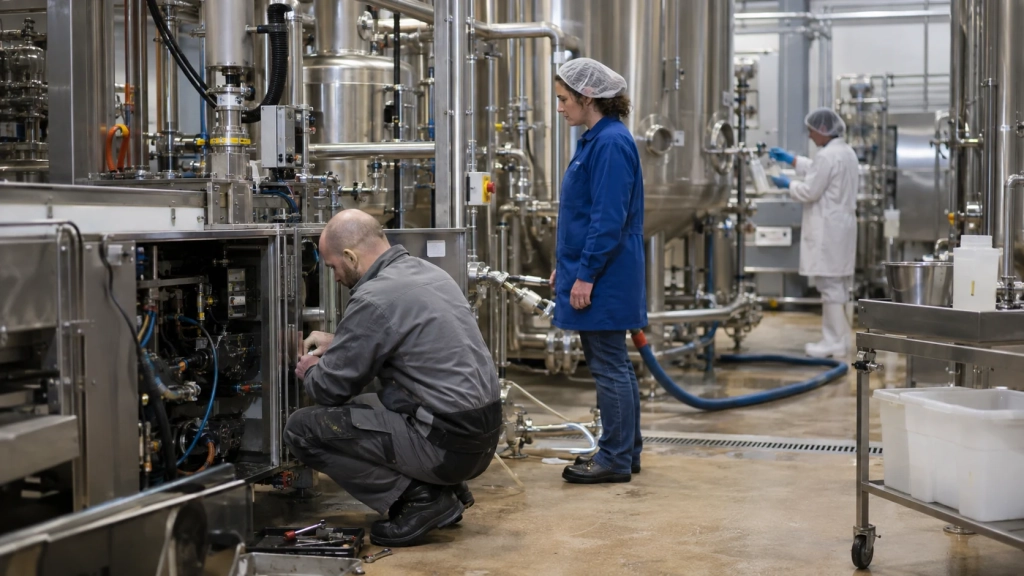 Un technicien intervient sur une machine pendant qu’une responsable de production suit l’opération dans un atelier agroalimentaire.