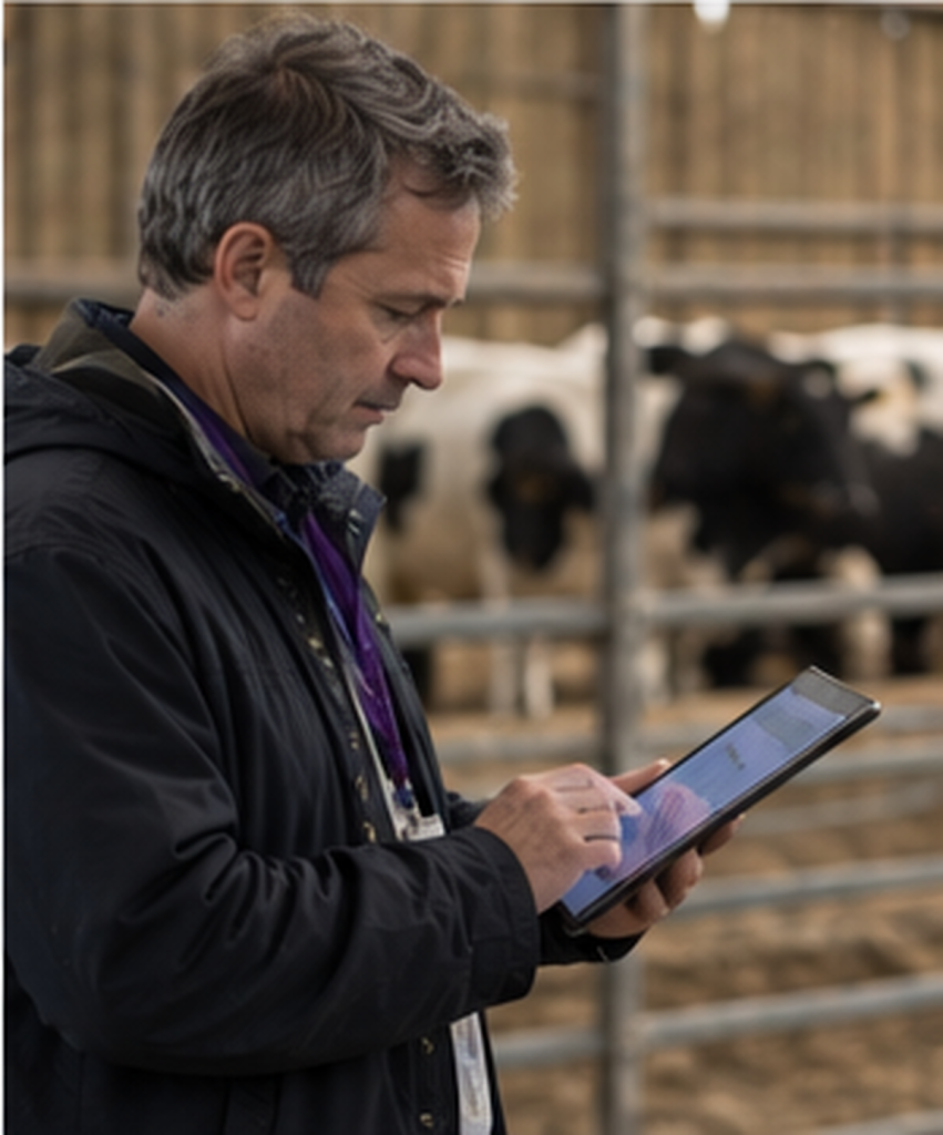 Collaborateur consultant une tablette dans un bâtiment d’élevage pour suivre des informations métier.