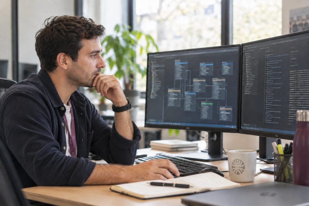 Expert informatique devant ses écrans, illustrant la hiérarchisation des priorités et la préparation d’un plan d’action en sécurité.