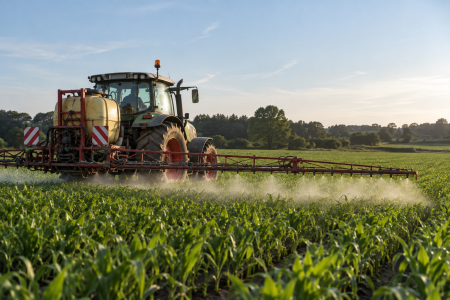 Tracteur agricole réalisant une pulvérisation sur des cultures