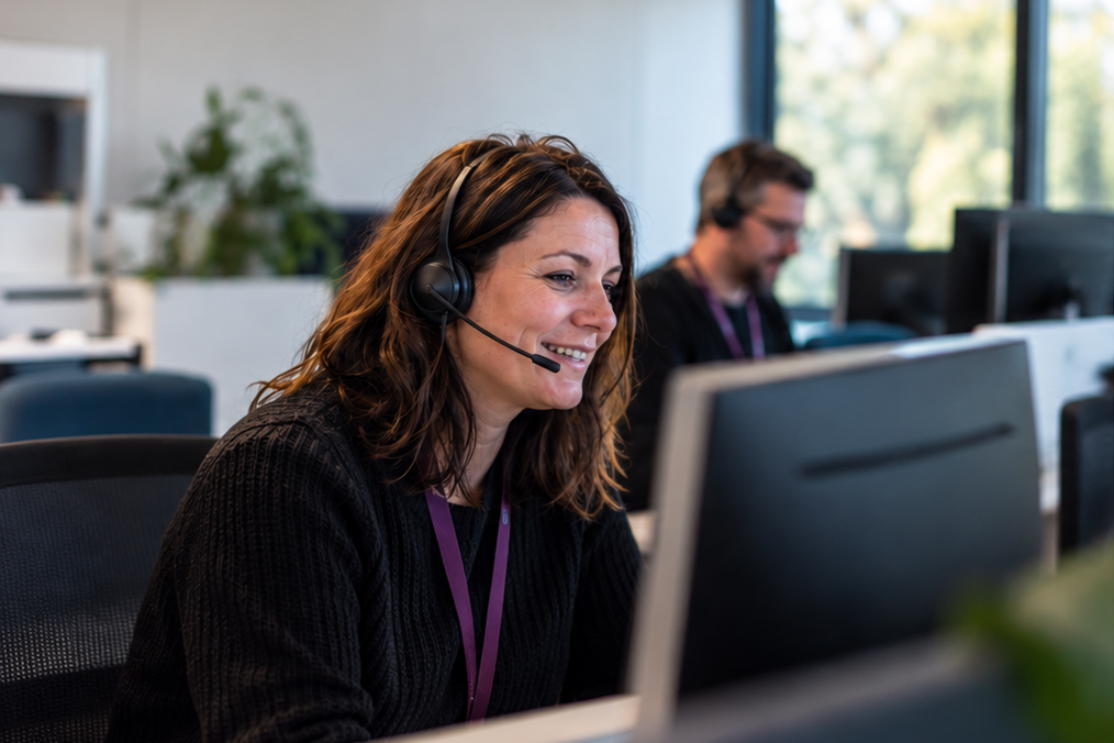 Technicienne support informatique répondant à un utilisateur depuis un centre de services