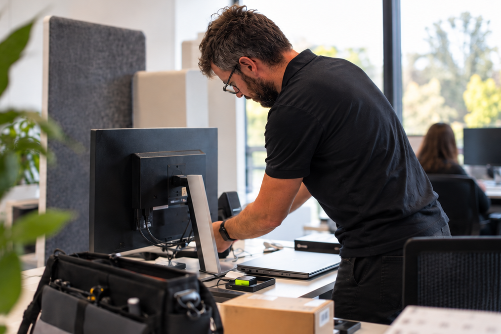 Technicien informatique installant et configurant un poste de travail en entreprise