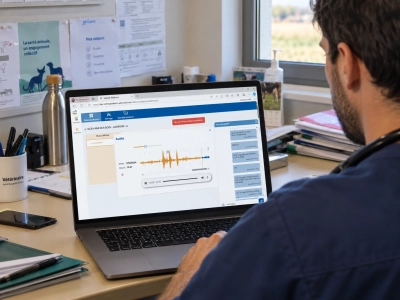 Vétérinaire utilisant une plateforme de télémédecine vétérinaire sur son ordinateur