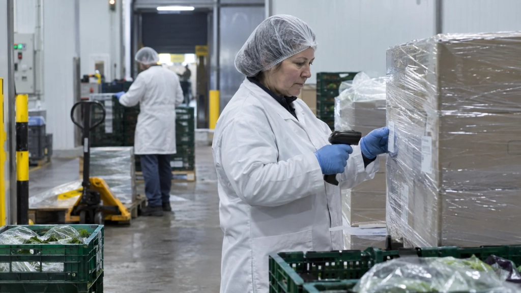 Une professionnelle scanne l’étiquette d’une palette dans une zone logistique agroalimentaire.
