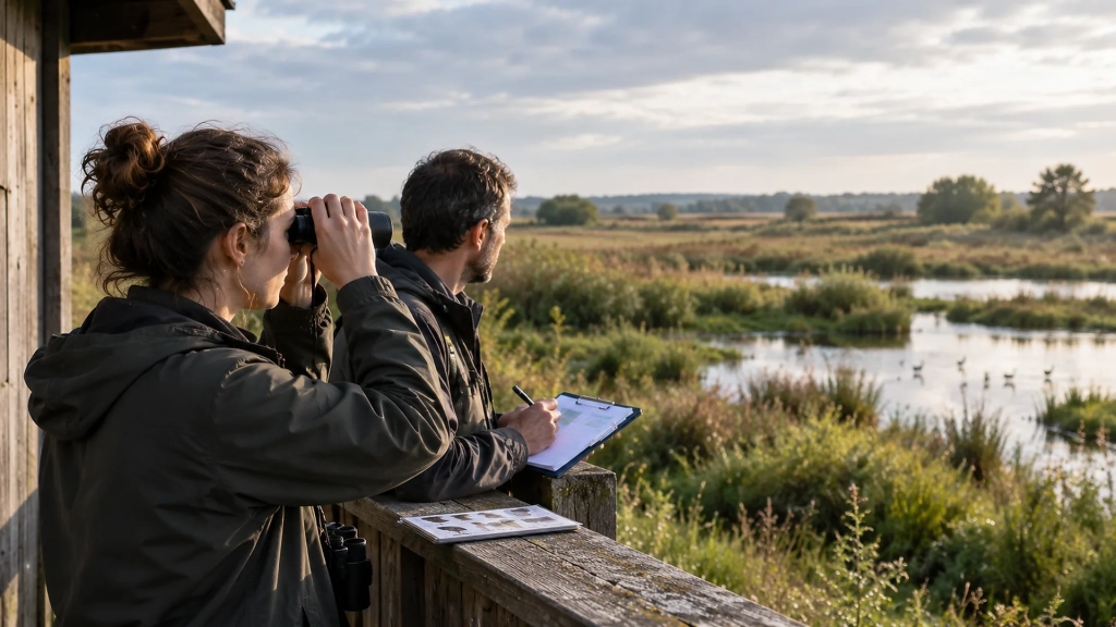 Deux professionnels observent une zone humide depuis un poste de suivi de terrain.