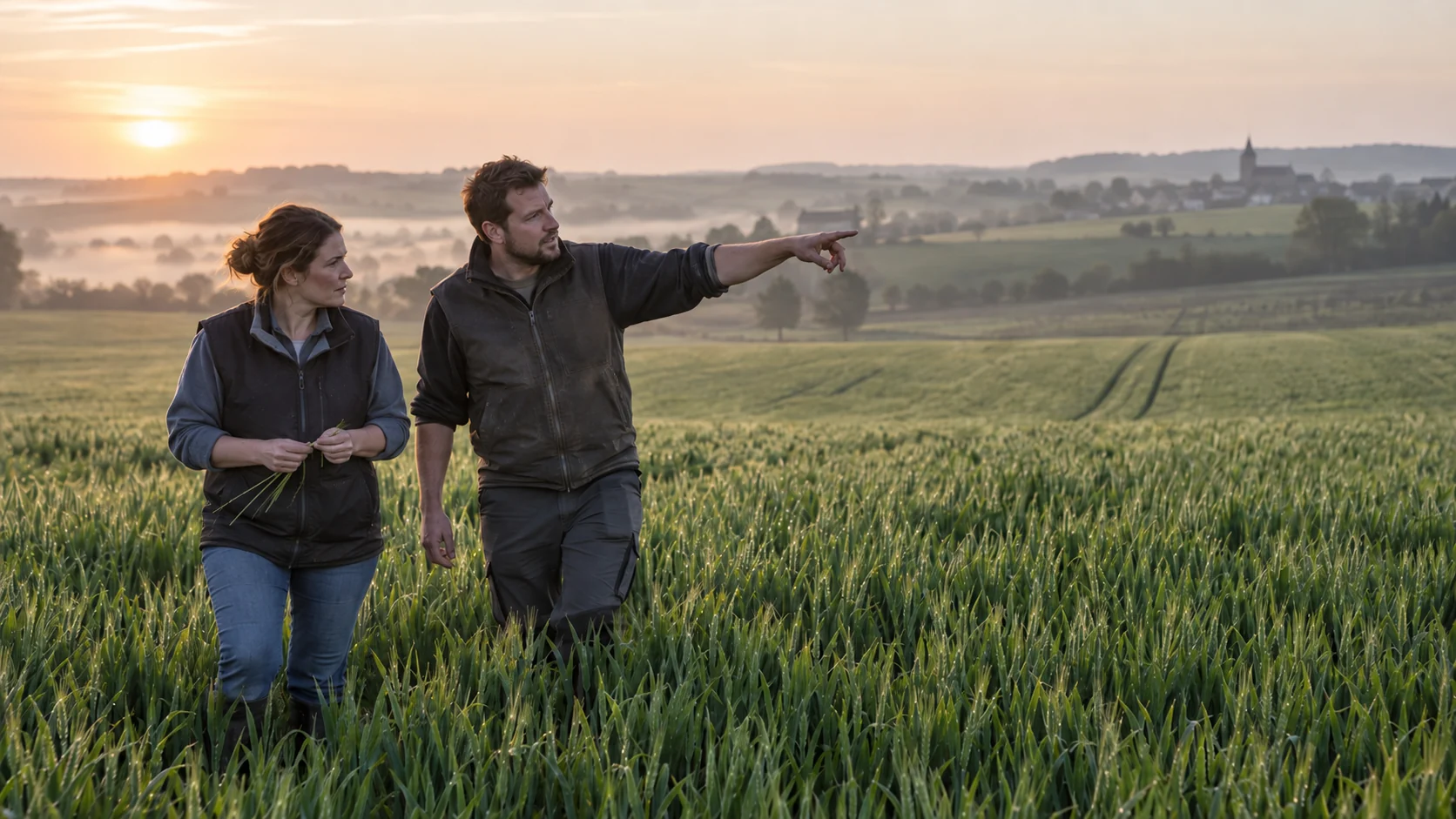 Deux professionnels observent une parcelle de céréales au lever du jour.